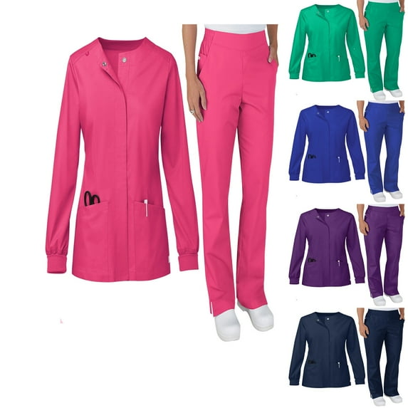ASDFVBKG Womens Scrub Jacket Set Snap-Front Warm Up Crew Neck Jackets with Multi Pocket 2025 Solid Color Stretch Top & Pants Fitted Workwear Suit for Women Hot Pink 2XL