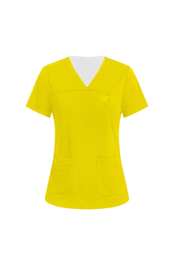 Womens Scrub Tops Summer Casual Solid Color Short Sleeve V Neck Nurse Uniform Work Blouse Loose Workout Pullover Shirt Yellow 2XL