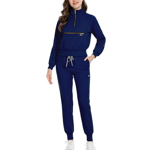 ASDFVBKG Womens Scrubs Set Long Sleeve Zipper Collar Scrub Tops Jogger Pants Pockets Medical Uniform Solid Drawstring Womens Scrub Sets Navy M