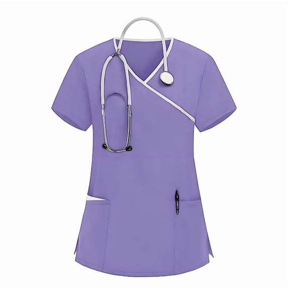 ASDFVBKG Womens Scrubs Top, Short Sleeve V-Neck Nursing Uniform with Pocket Solid Plus Size 2026 Casual Workwear Scrub Tops Purple M