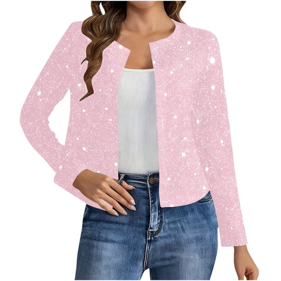 ASDFVBKG Womens Sequin Cropped Jackets Open Front Sparkly Glitter Long Sleeve Blazer Cropped Dressy Coat Loose Jackets Pink 2XL
