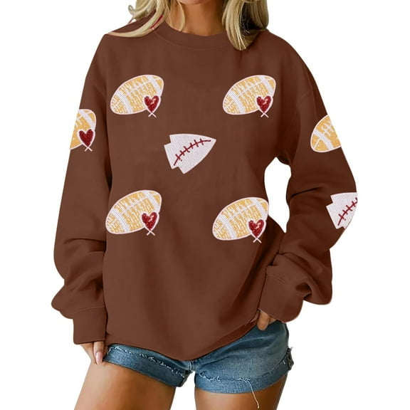 ASDFVBKG Womens Sequin Football Sweatshirt Loose Rugby Graphic Long Sleeve Crewneck Sweatshirt Game Day Dressy Casual Top Fall Winter Oversized Pullover Tee Brown XL