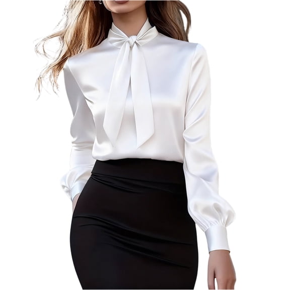 ASDFVBKG Womens Silk Satin Blouses Elegant Long Sleeve Shirt Casual Tie Neck Blouses Fall Business Silk Tops White L
