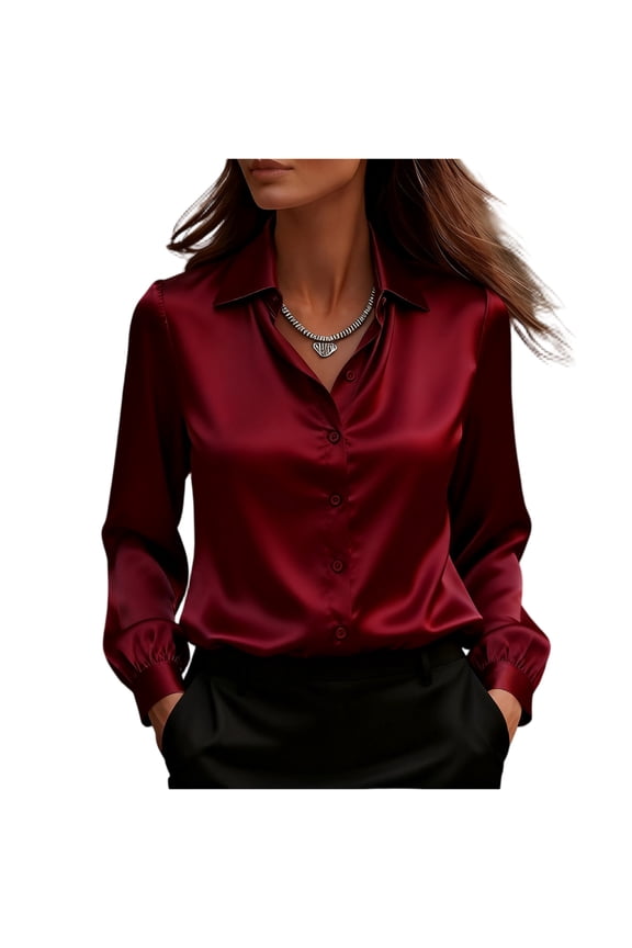 Womens Silk Satin Blouses Fall Casual V Neck Shirt Business Long Sleeve Blouses Elegant Silk Top Wine L