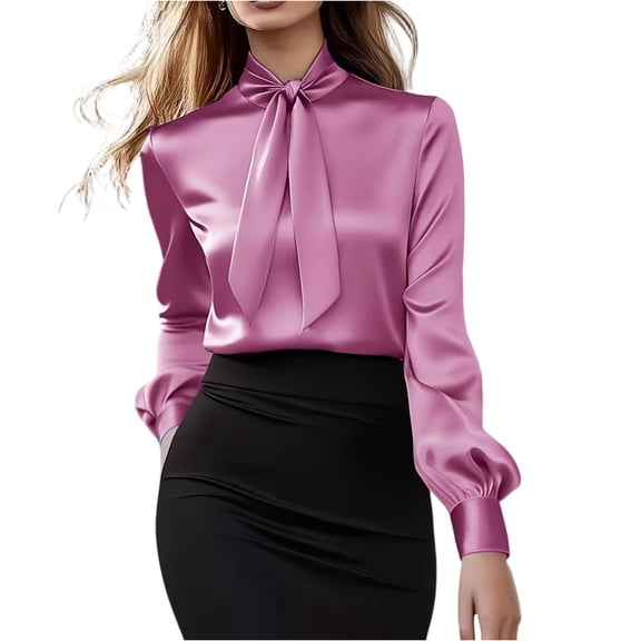 ASDFVBKG Womens Silk Satin Blouses Summer Casual Tie Neck Shirt Business Long Sleeve Blouse Dressy Trendy Silky Tops Pink XXL