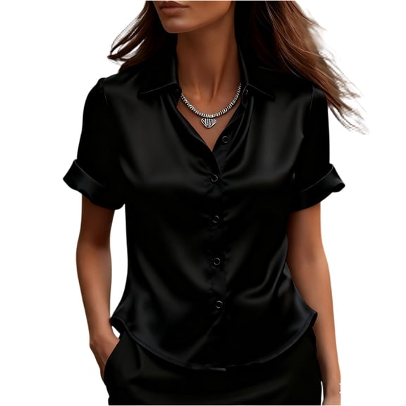 ASDFVBKG Womens Silk Satin Blouses Summer Casual V Neck Shirt Work Short Sleeve Blouse Elegant Trendy Silky Top Black 2XL
