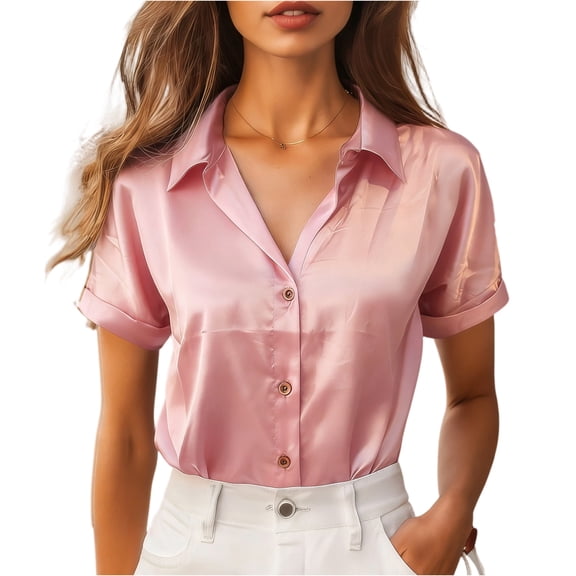 ASDFVBKG Womens Silk Satin Blouses Women Summer Casual V Neck Shirts Dressy Short Sleeve Blouse Office Work Silk Top Pink M