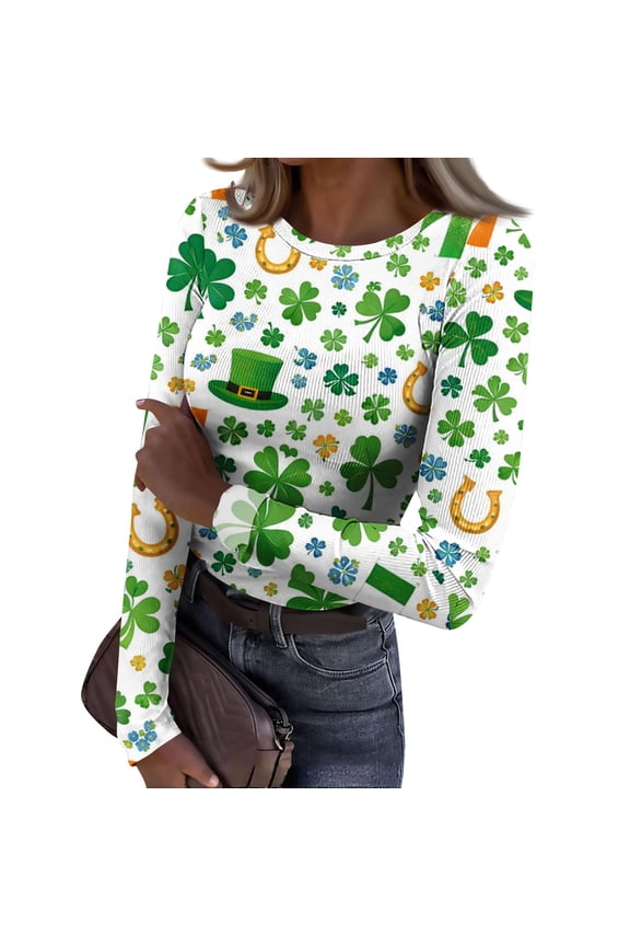 Womens St Patrick's Day Tops Dressy Crew Neck Basic Long Sleeve Rib Fitted Tee Shirts Ribbed St Patrick's Day Lucky Shamrock Cozy Outfits Mint Green M