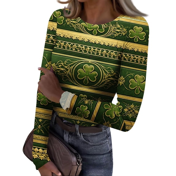 ASDFVBKG Womens St Patrick's Day Tops Y2k Crew Neck Basic Long Sleeve Slim Fitted Tee Shirts Ribbed Knit Shamrock Cozy Pullover Tops Army Green M