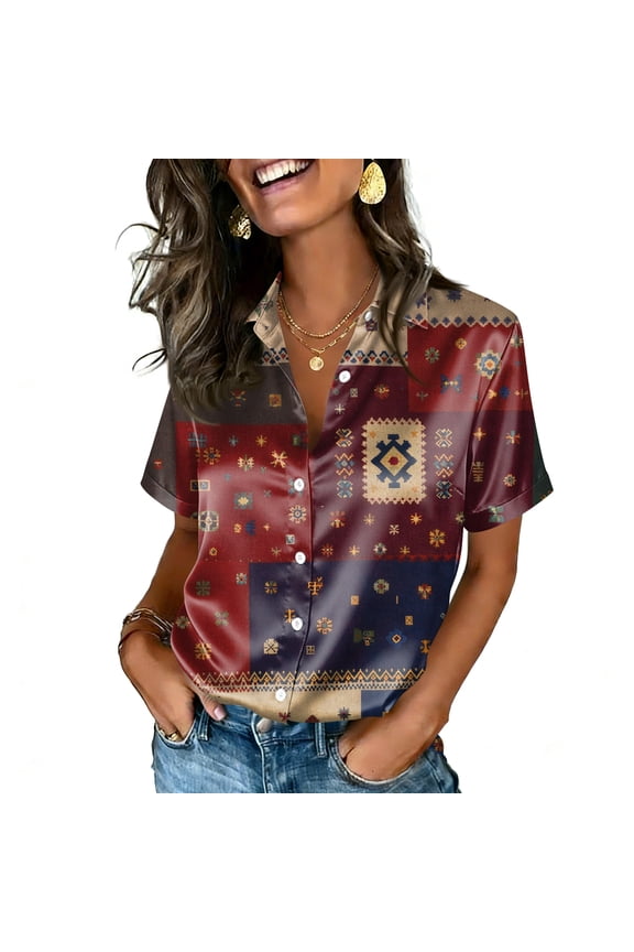 Womens Stain Silk Long Sleeve Polo Shirts Casual Collared Shirts Button Dressy Work Vintage Floral Print Top for Women Wine XL