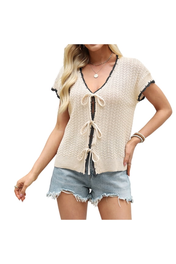 Womens Summer Cable Knit Cardigan Sweater Button Down V Neck Oversized Knitwear Tie Fronts Cute Y2K Trendy Tops Beige L