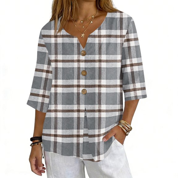 ASDFVBKG Womens Summer Cotton Linen Half Sleeve Shirt Cozy V Neck Button Down T Shirts Checkered Striped Print Relaxed Fit Loose Blouse Light Gray L