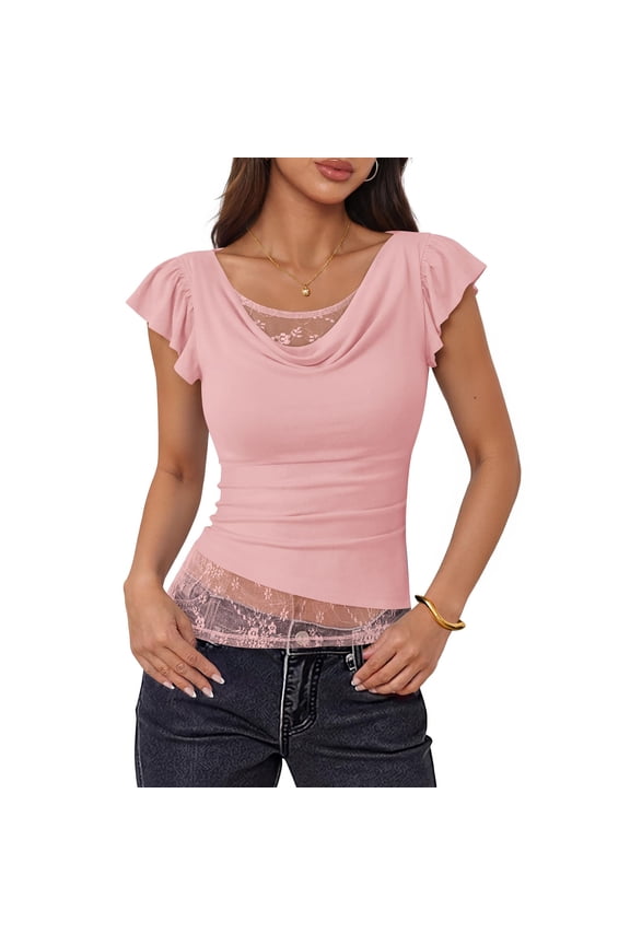 Womens Summer Ruffle Short Sleeve Lace Tops Cowl Neck Dressy Casual Shirt Solid Color Going Out Tops Pink L