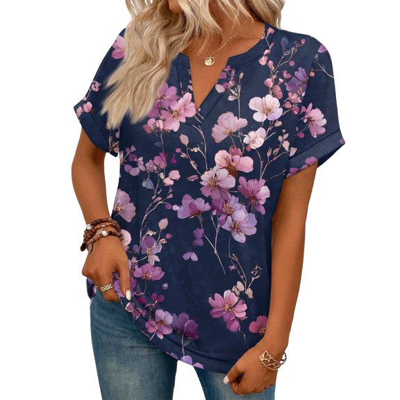 ASDFVBKG Womens Summer Tops Comfy Short Sleeve V-Neck Blouse Dressy Floral Print Casual Loose Fit Outfits Clothes Hot Pink S