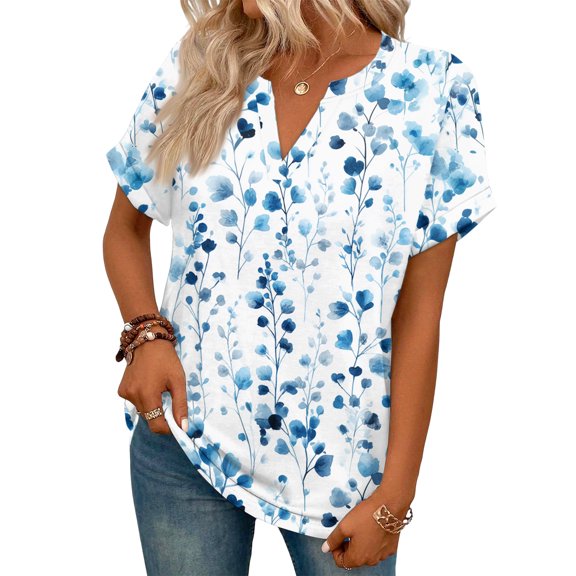 ASDFVBKG Womens Summer Tops Comfy Short Sleeve V-Neck T Shirts Fashion Floral Print Relaxed Fit Loose Fit Clothing Green XL