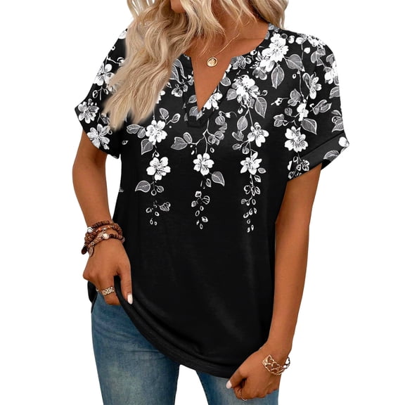ASDFVBKG Womens Summer Tops Cozy Short Sleeve V-Neck Tee Tops Dressy Floral Print Vacation Loose Fit Clothing Black S