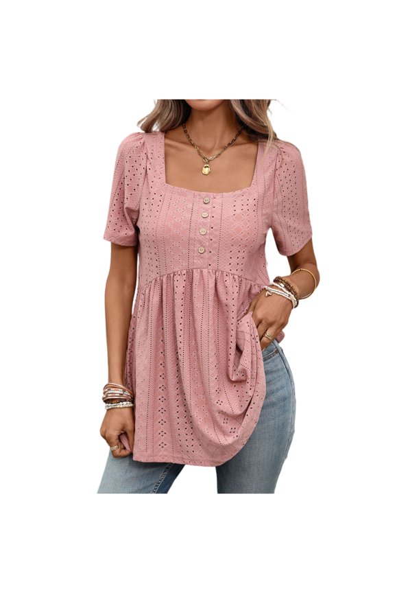 Womens Summer Tops Short Puff Sleeve Babydoll Shirts Peplum Blouses U Neck T Shirts Trendy 2026 Pink S