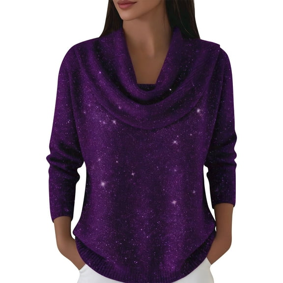 ASDFVBKG Womens Sweaters Knitted Cowl Neck Long Sleeve Solid Sweater Pullover Loose Fit Comfy Casual Fall Winter Dressy Sweater 2025 Purple XL