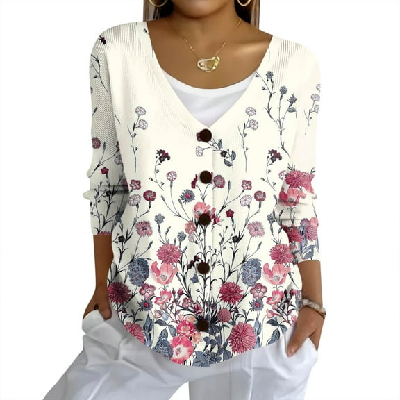 ASDFVBKG Womens Sweaters Long Sleeve V Neck Button Down Knitted Cardigans Floral Patterns Lightweight 2025 Fall Winter Outfits Women Dressy Sweater Outerwear Beige XL