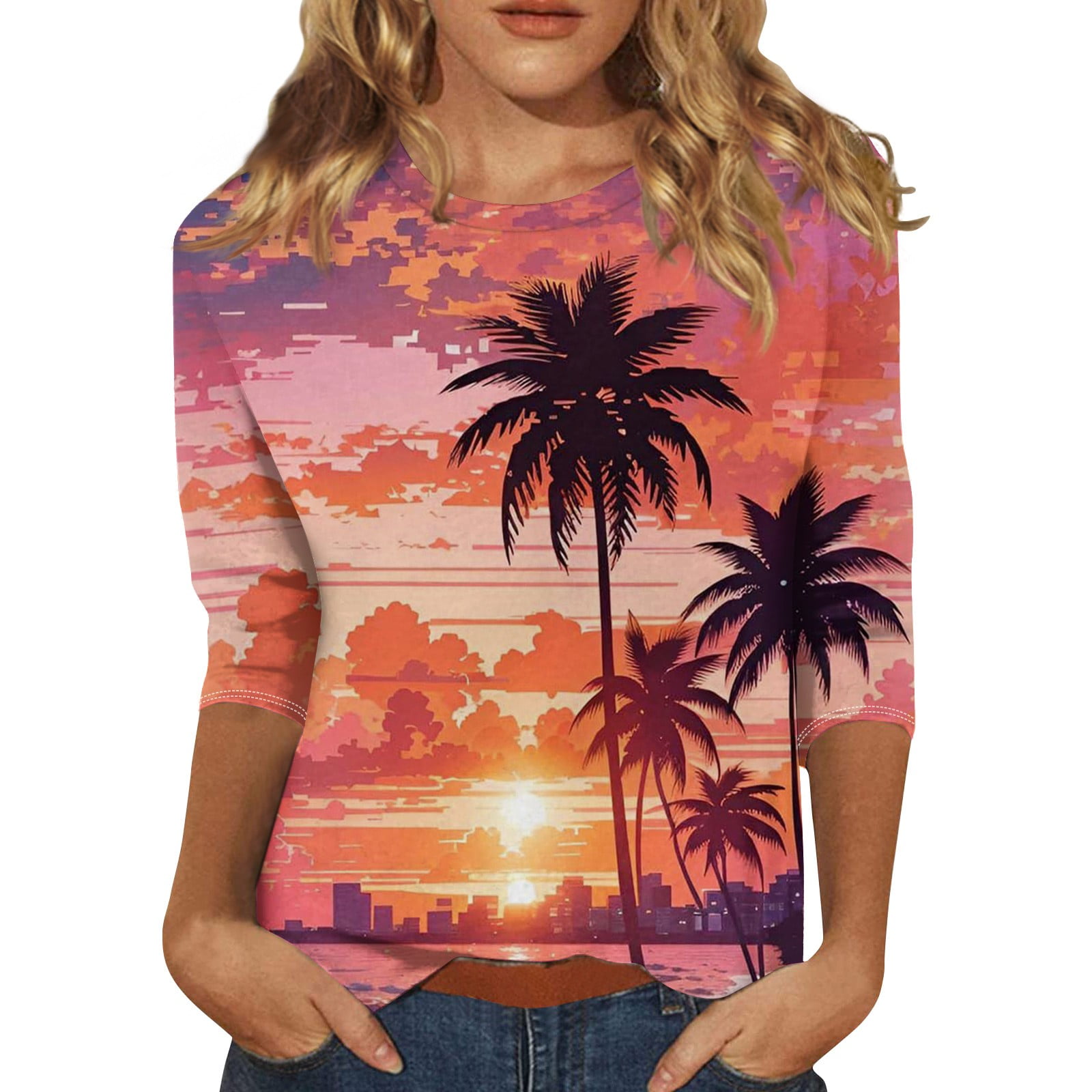 ASDFVBKG Womens Tops 2024 Plus Size Crew Neck 3/4 Length Sleeve Tunic T