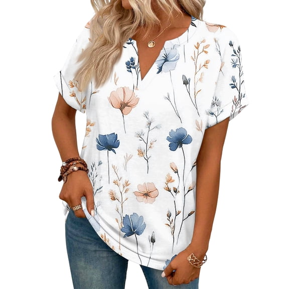 ASDFVBKG Womens Tops Comfortable Short Sleeve V Neck Blouse Dressy Floral Print Vacation Loose Fit Clothing White XXL