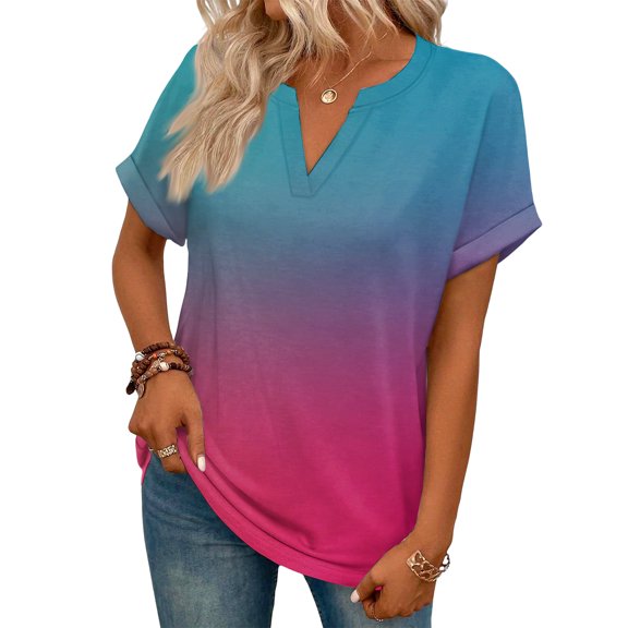 ASDFVBKG Womens Tops Comfy Short Sleeve V Neck Blouses Trendy Gradient Vacation Loose Outfits Multicolor M