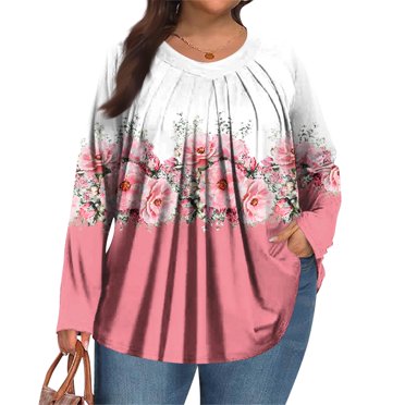 ASDFVBKG Womens Tops Plus Size Long Sleeve Dressy Round Neck Pleated Shirt Funny Blouses Floral Printed Tops Pink 2XL