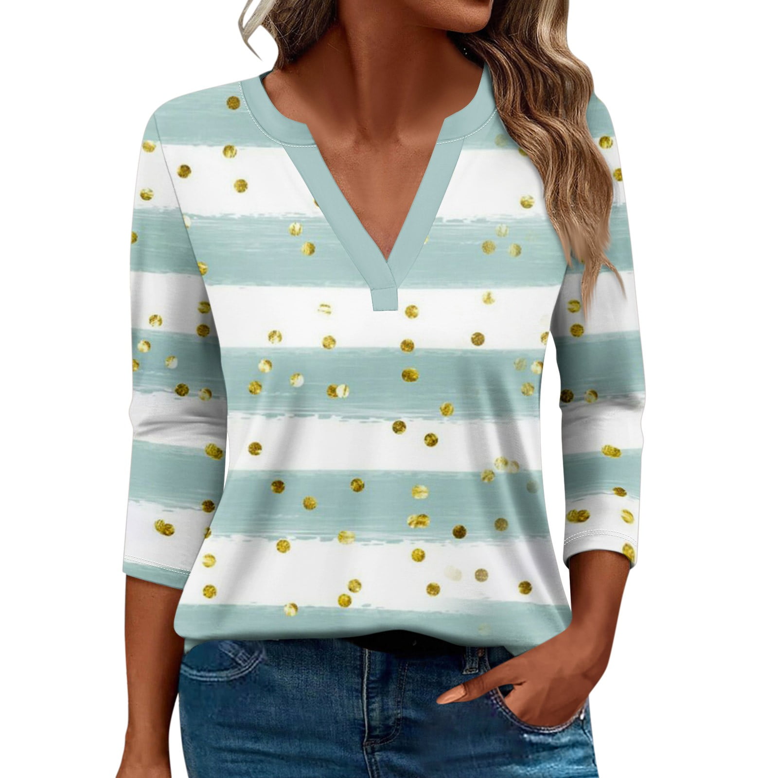 ASDFVBKG Womens Tops Three Quarter Length Trendy Vacation Shirts V Neck