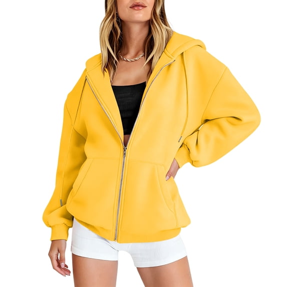 ASDFVBKG Womens Ultimate Heavyweight Zip Up Hoodie Jacket Loose Fit Fleece Essentials Oversized Outerwear Yellow L