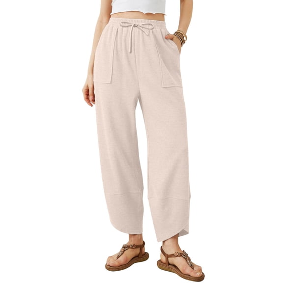 ASDFVBKG Womens Wide Leg Capri Palazzo Pants Soft Harem Boho Trousers Elastic Waisted Casual Drawstring Loose Pants with Pockets Khaki M