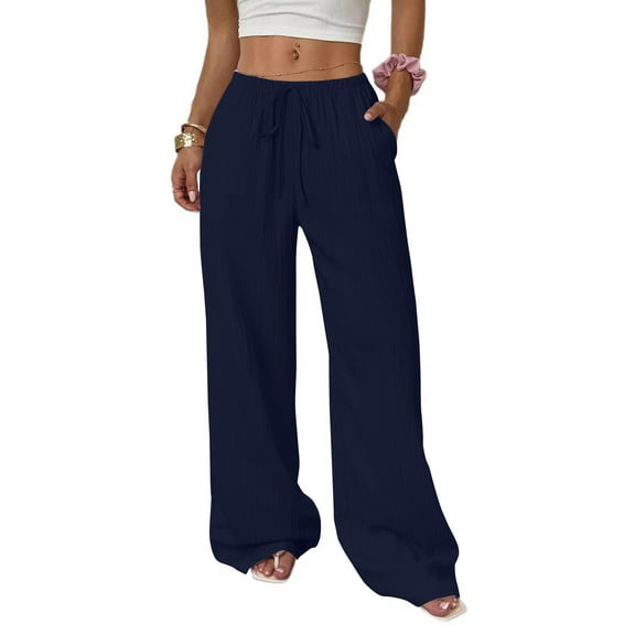 ASDFVBKG Womens Wide Leg Linen Pants Comfortable Elastic Wais Lounge Palazzo Trousers Flowy Baggy Loose Fit Beach Vacation Pants with Pockets Navy L
