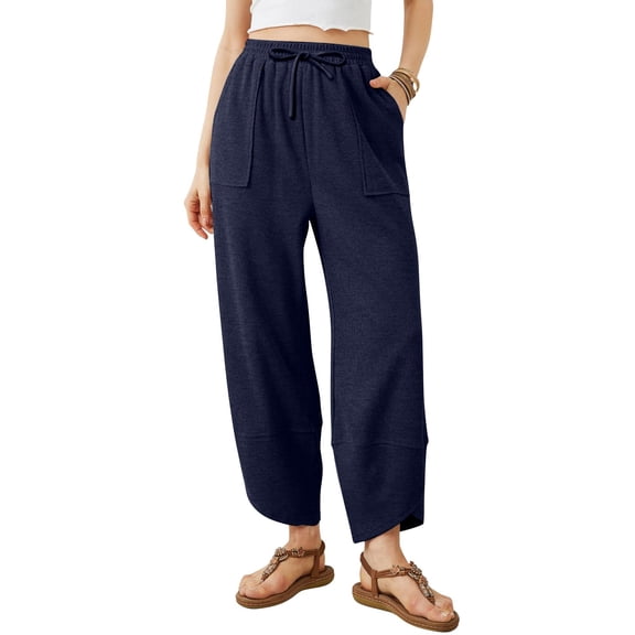 ASDFVBKG Womens Wide Leg Linen Pants Comfortable Harem Boho Capri Trousers Elastic Waisted Lounge Drawstring Loose Fit Pants with Pockets Navy S