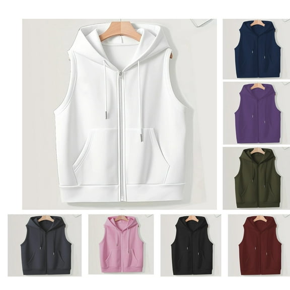 ASDFVBKG Zipper Hooded Vest Top for Women Plus size Lightweight Hooded Sleeveless Hoodie with Pockets Casual Zip Up Drawstring Trendy Sweatshirt 2025 Fall Winter Warm Vest Jackets White 3XL