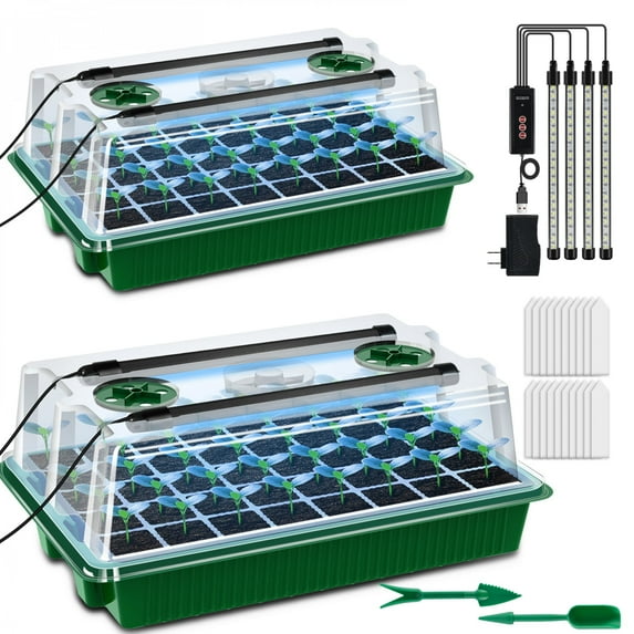 ASDIIT 2pcs 80 Cells Seed Starter Tray with Grow Light Indoor Adjustable Brightness Seeds Starter Kit with Lid Plastic Planting Trays Mini Greenhouse Garden