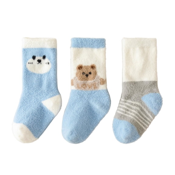ASDIIT 3pcs Socks For Baby Thickened And Warm Mid-Calf Socks Cartoon Animal Socks For Kids Suitable For Kids Aged 0-1 Years Blue Bear Set