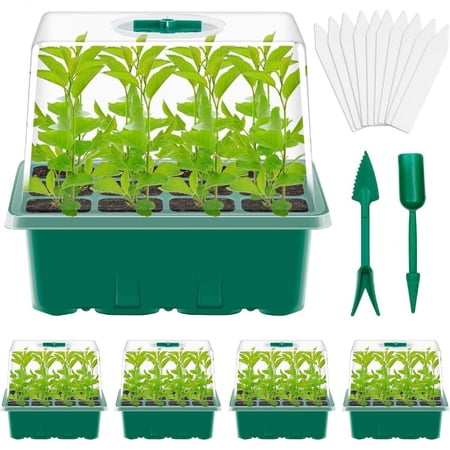 ASDIIT 5pcs 60 Cells Seed Starter Tray with Grow Light Indoor Seeds Starter Kit with Lid Plastic Planting Trays Mini Greenhouse Garden