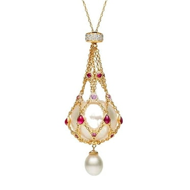 ASDIIT Pearl Necklace for Women,Anniversaries Gifts for Women, Rose Red Sweater Chain with Metal Net, Crystal Woven Dreamcatcher Design