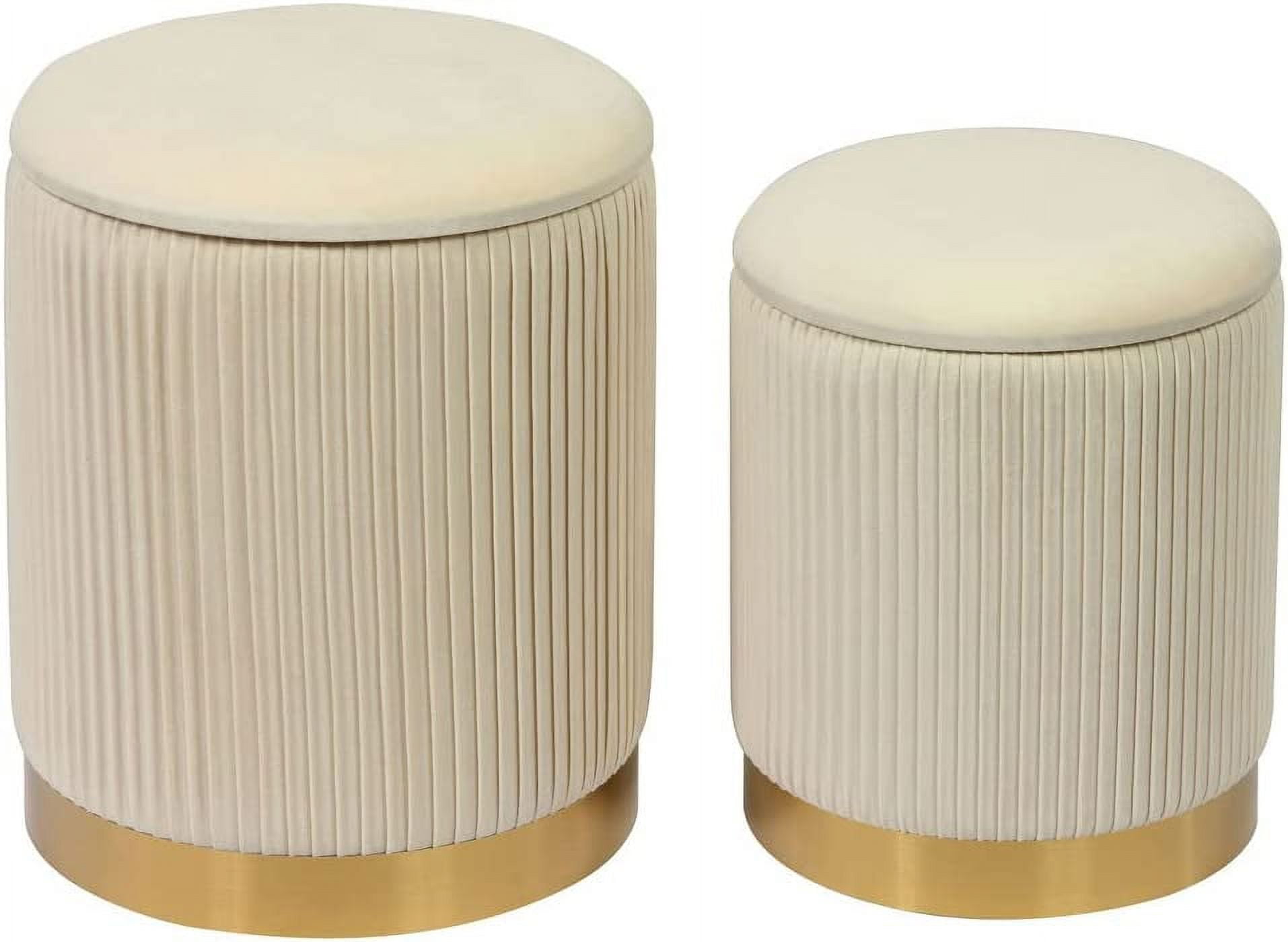 Cream Velvet Round Storage Ottomans with Gold Base, Set of 2