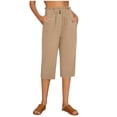 thumbnail image 1 of ASDYO Women's Cotton Linen Elastic Waist Loose Cropped Pants with Pockets Khaki S, 1 of 1