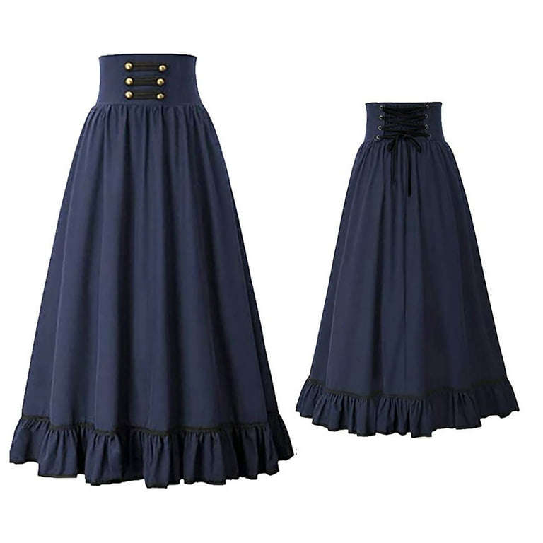 ASDYO Women s Plus Size Maxi Skirt Victorian Vintage Renaissance Lace Up Long Skirts with Pockets Blue XXL Walmart