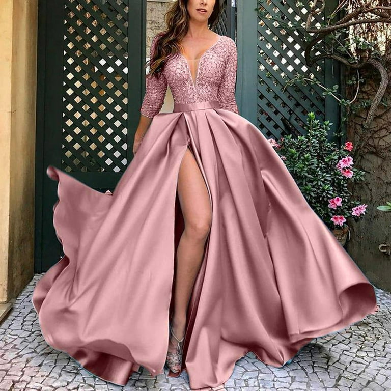 Pink V Neck Sequin A Line Prom Dress With Slit Pink V Neck Sequin A Line Prom Dress With Slit