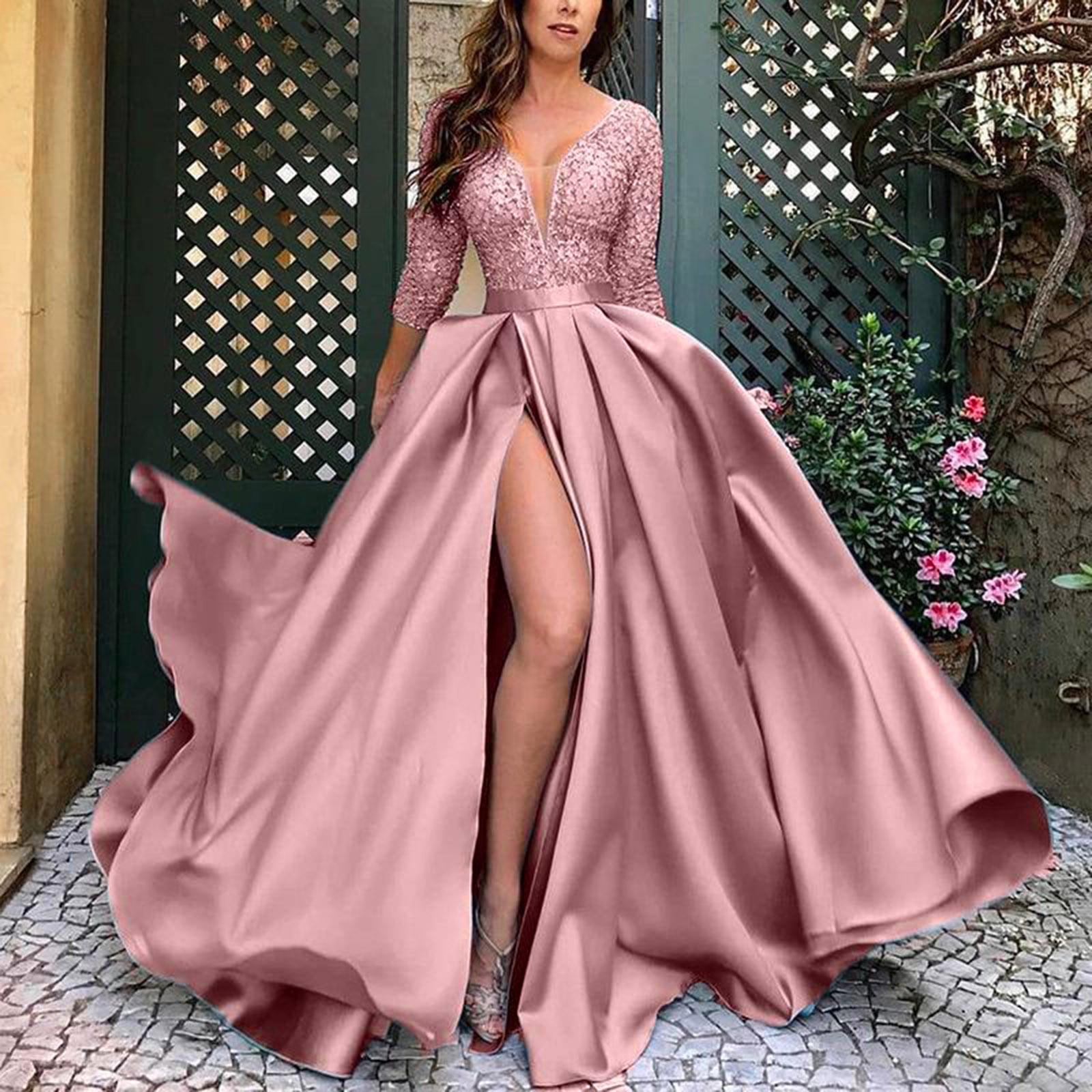 ASDYO Women s V Neck Sequins Long Prom Dress with Pockets High Slit Formal Evening Party Dresses Ball Gowns Pink XL Walmart