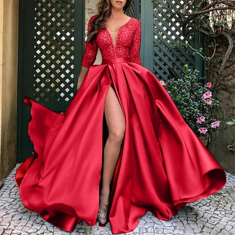 Red Color High Slit A-line Prom Dress, V-neck Evening Party Prom Dress Red Color High Slit A-line Prom Dress, V-neck Evening Party Prom Dress