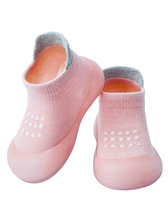 Baby Sock Shoes with Knit Upper Soft Rubber Sole and Non Slip Walking Grip (Pink,20)