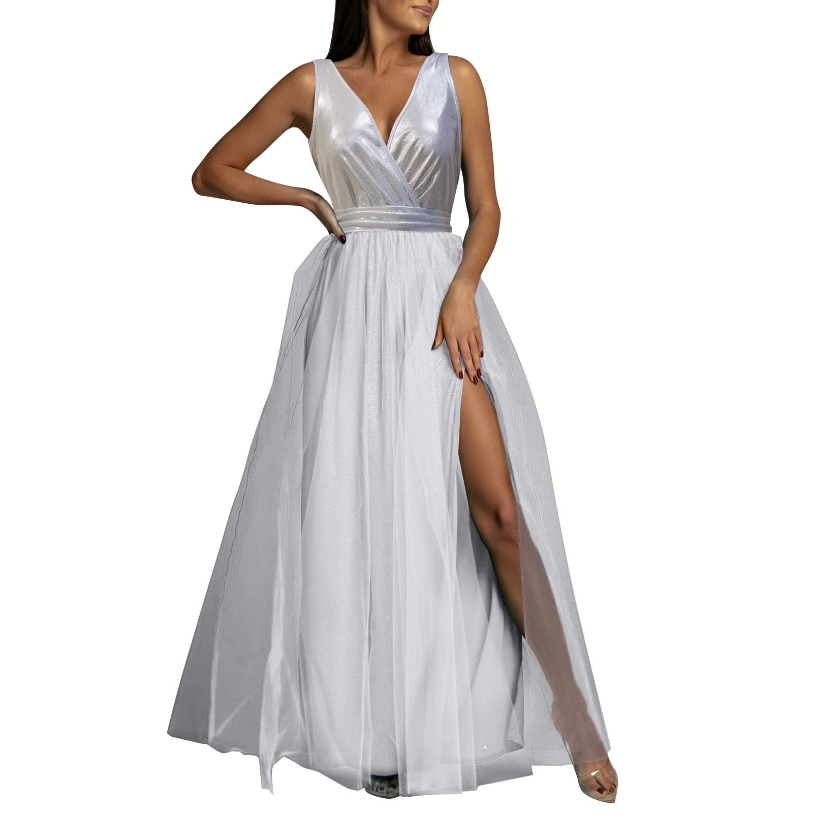 ASEIDFNSA Beach Dresses for Women Tummy Control Dinner Dresses for Women  Evening Women Solid Color Tulle Prom Dress Sweetheart Long formal Evening  Gown With Slit Dress 