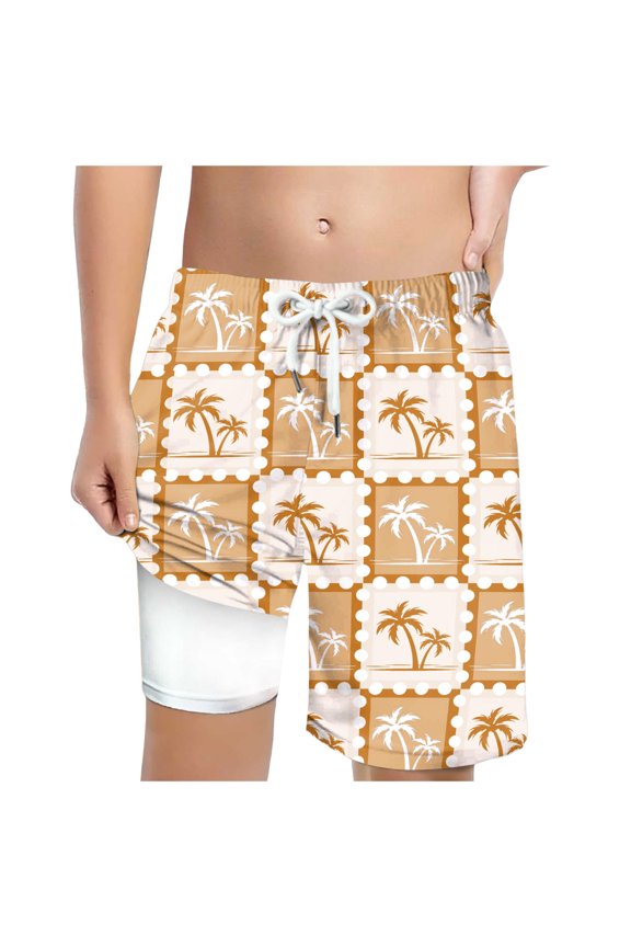 Boys Palm Tile Print Board Shorts with Lined Swimwear Fit (Brown,5-6 Years)