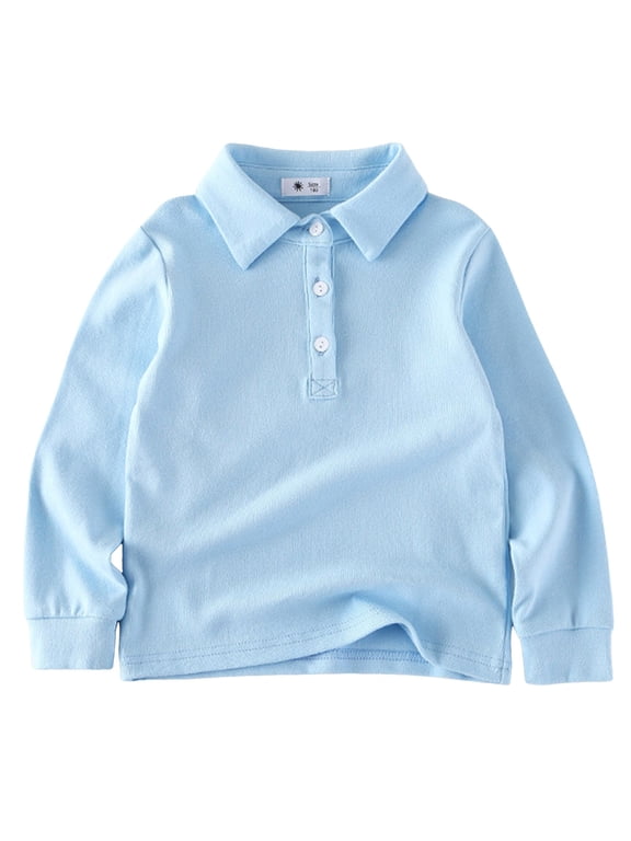 Boys School Uniform Long Sleeve Polo Shirt with Button Placket Knit (Sky Blue,18-24 Months)