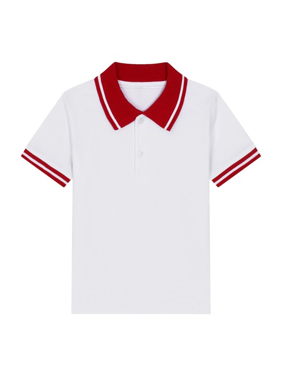 Boys School Uniform Polo Shirt with Contrast Trim and Ribbed Cuffs (Red,5-6 Years)