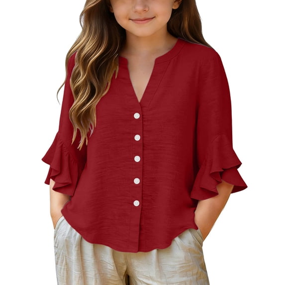 ASEIDFNSA Girls Button Front Blouse with V Neck Ruffle Sleeves and Lightweight Draped Fit (Red,13-14 Years)