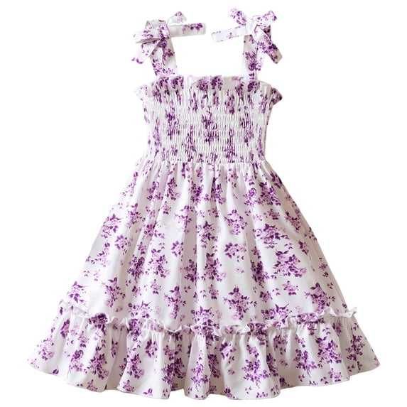 ASEIDFNSA Girls Floral Sundress with Tie Straps Smocked Bodice Tiered Hem and A Line Fit (Purple,6-7 Years)